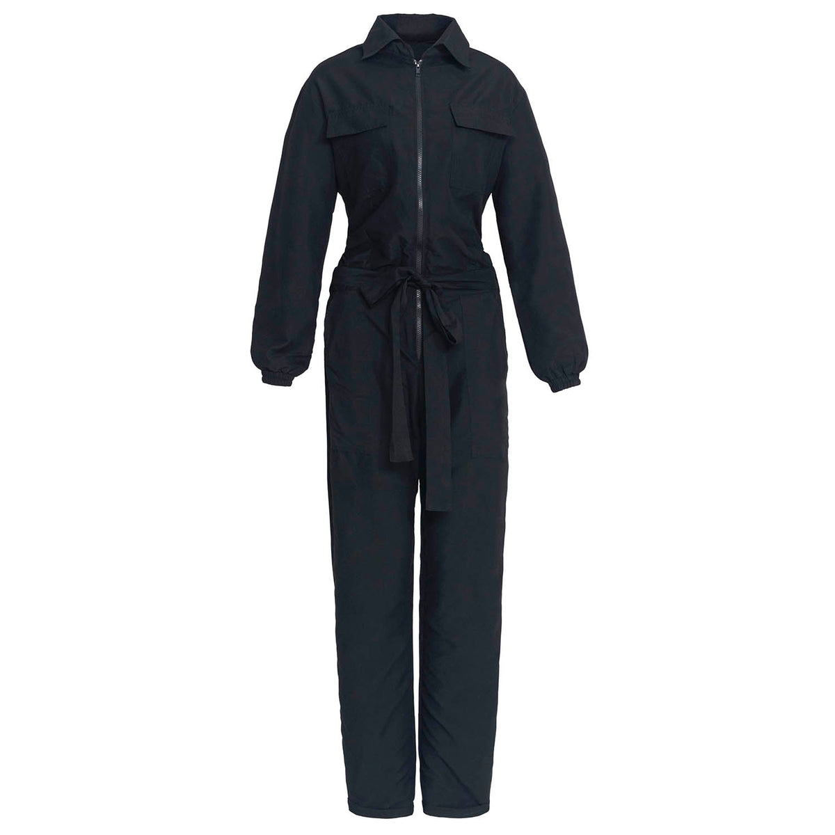 Our cool and casual Amelia Jumpsuit in black with its relaxed style is designed for the perfect traveling or outdoor occasion. Complete with a spread collar, tie waist, and front utility pockets, this chic jumpsuit offers a simple yet stylish look.