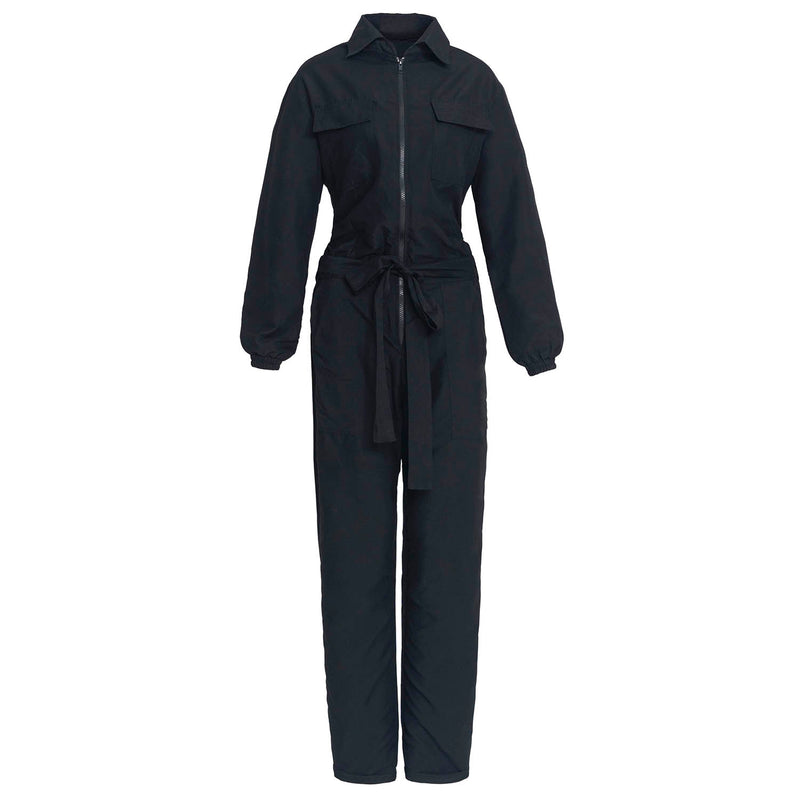 Our cool and casual Amelia Jumpsuit in black with its relaxed style is designed for the perfect traveling or outdoor occasion. Complete with a spread collar, tie waist, and front utility pockets, this chic jumpsuit offers a simple yet stylish look.