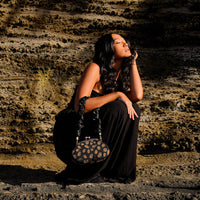 Artisanal Handbeaded Party Clutch Bag in Black and Gold Polka Dot Animal Motif Color Handmade In Bali
