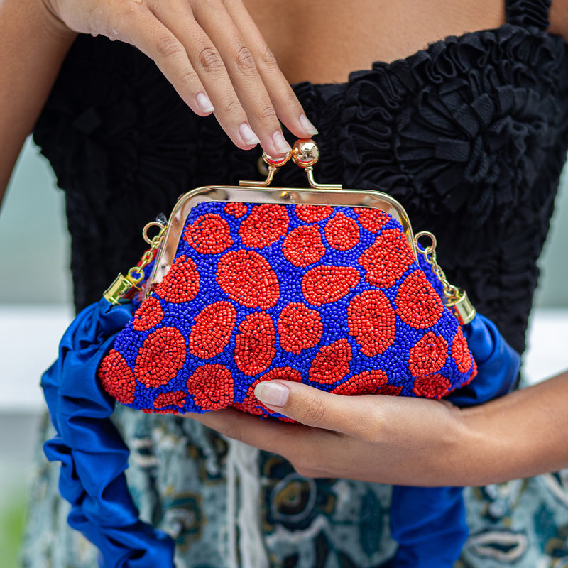 BrunnaCo Arnoldi Mandy Beaded Polka Dot clutch bag in Red and Blue