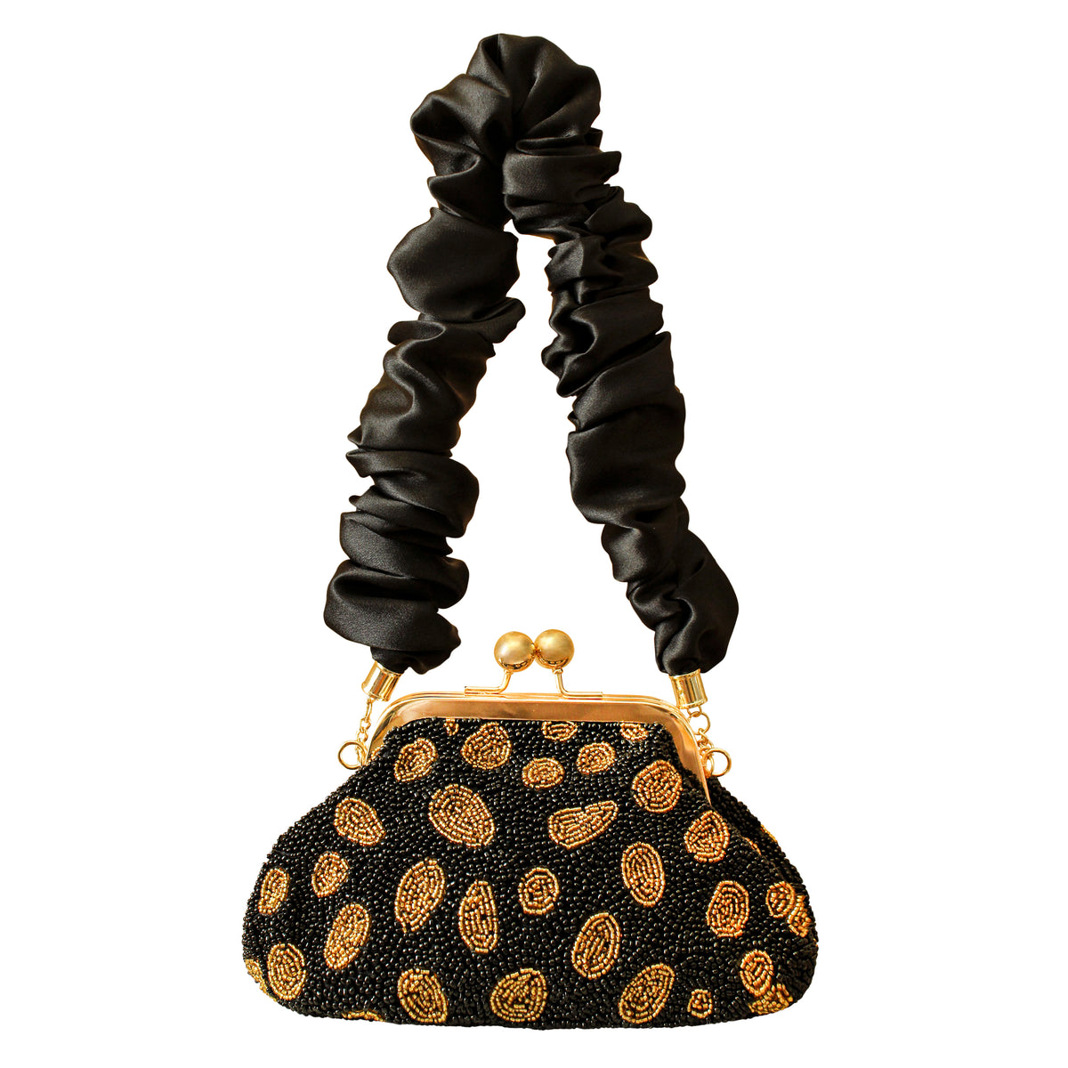 Artisanal Handbeaded Party Clutch Bag in Black and Gold Polka Dot Animal Motif Color Handmade In Bali