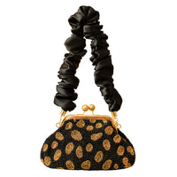 Artisanal Handbeaded Party Clutch Bag in Black and Gold Polka Dot Animal Motif Color Handmade In Bali