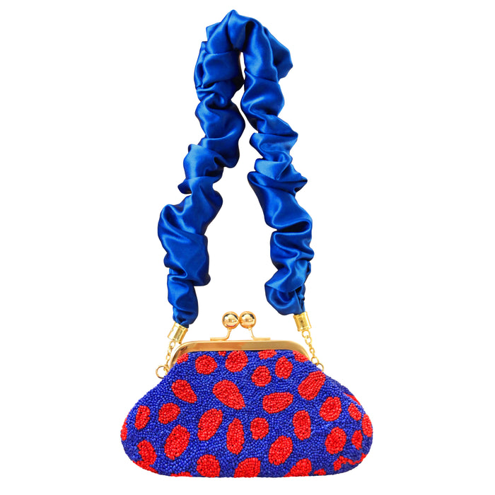 ARNOLDI Mandy Hand-beaded POla Dots Animal Print Clutch, in Savoy Blue & Red