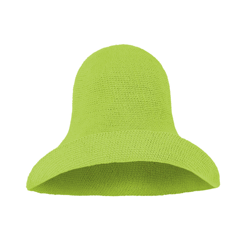 Bloom Crochet hat in Lime Green. Soft and shapeable crochet hat inspired by the classic Calla Lily flower shape. Meticulously made by artisans in the villages of Bali. Its light and semi-floppy construction make it the perfect hat for picnics at the beach or poolside any season of the year.