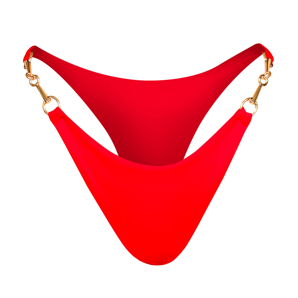 Red high-cut bikini bottom crafted from recycled swim fabric, featuring signature gold hardware accents and a sculpting silhouette from BrunnaCo's SEGARA sustainable swimwear collection