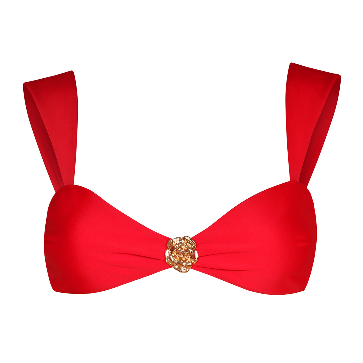 Red recycled bikini top crafted from premium sustainable swim fabric, featuring wide shoulder straps, a flattering sweetheart-inspired neckline, and BrunnaCo's signature chunky gold rose hardware detail.