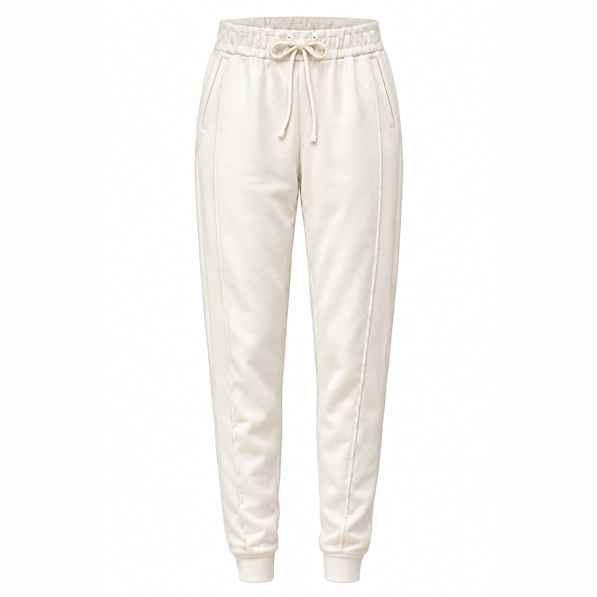 Cream-colored jogger sweatpants with an elastic waistband, drawstring, and side pockets, shown against a plain white background.