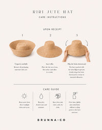 Care instructions and care guide for a Riri Jute Hat by BRUNNA.CO, showing three numbered steps for unwrapping, flattening, and shaping the hat, plus care tips on a light beige background.