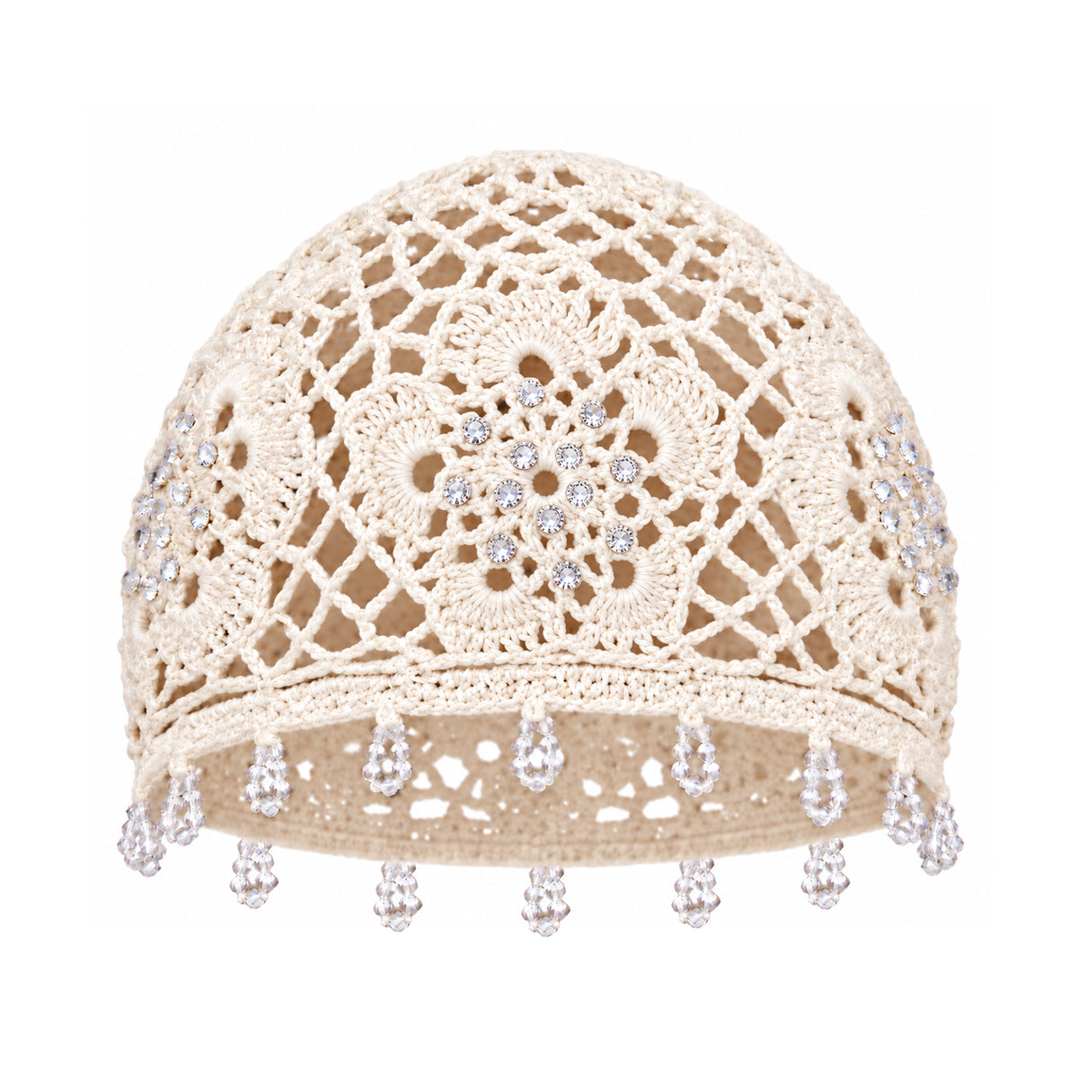 Carna Off-White Crystal-Embellished Crochet Cap
