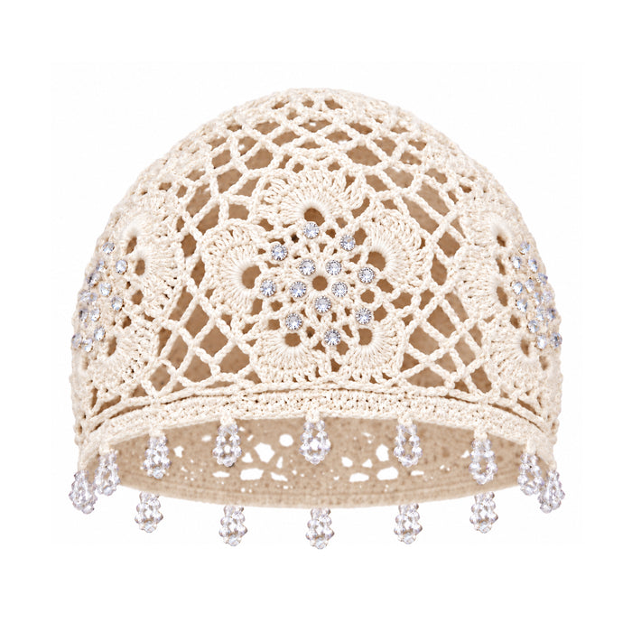 Carna Off-White Crystal-Embellished Crochet Cap