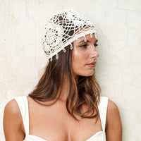 Carna Off-White Crystal-Embellished Crochet Cap