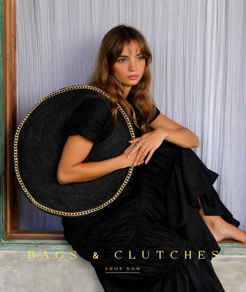 BAGS & CLUTCHES by BrunnaCo - Featuring Inka Williams in BrunnaCo's Black Srikandi Dress with Black SOLO Jute Bag