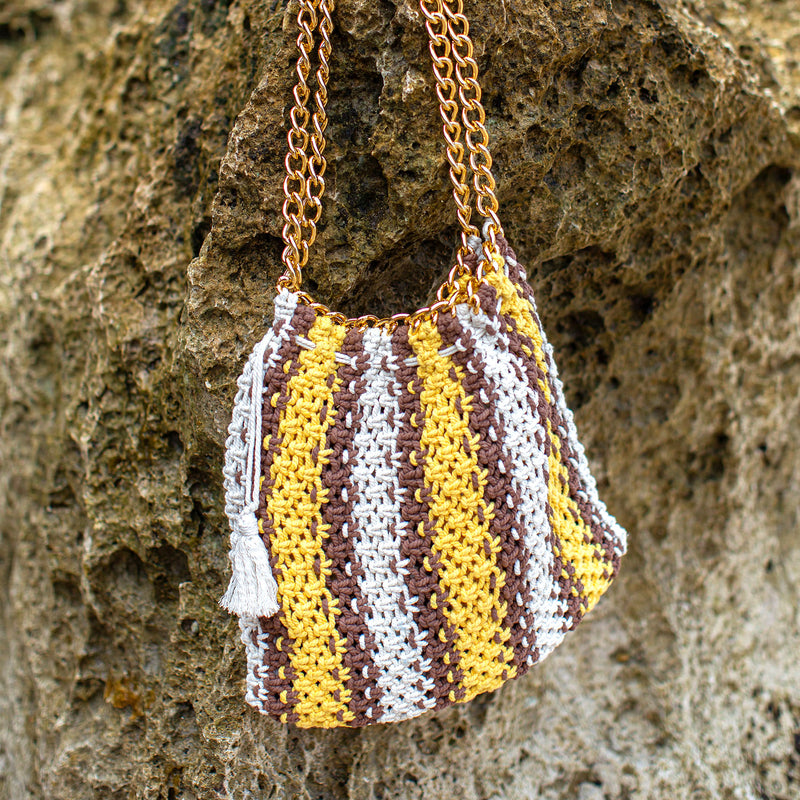 Handmade Artisanal Colette Striped Macrame Crochet Bag for a perfect Beach Vacation, Net Bag, Mesh Bag, Market Bag, Resort bag  and Poolside Bag In Yellow, White, and Brown