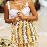 Handmade Artisanal Colette Striped Macrame Crochet Bag for a perfect Beach Vacation, Net Bag, Mesh Bag, Market Bag, Resort bag  and Poolside Bag In Yellow, White, and Brown