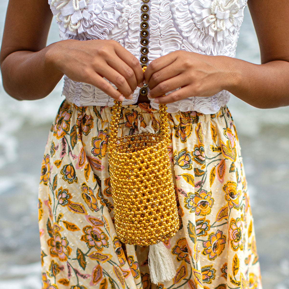 Gold Metallic Hand-Beaded Bucket Beach and Vacation Bag for A Perfect Pool and Summer Party