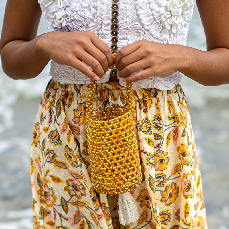 Gold Metallic Hand-Beaded Bucket Beach and Vacation Bag for A Perfect Pool and Summer Party