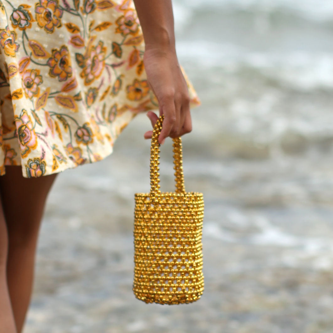 Gold Metallic Hand-Beaded Bucket Beach and Vacation Bag for A Perfect Pool and Summer Party