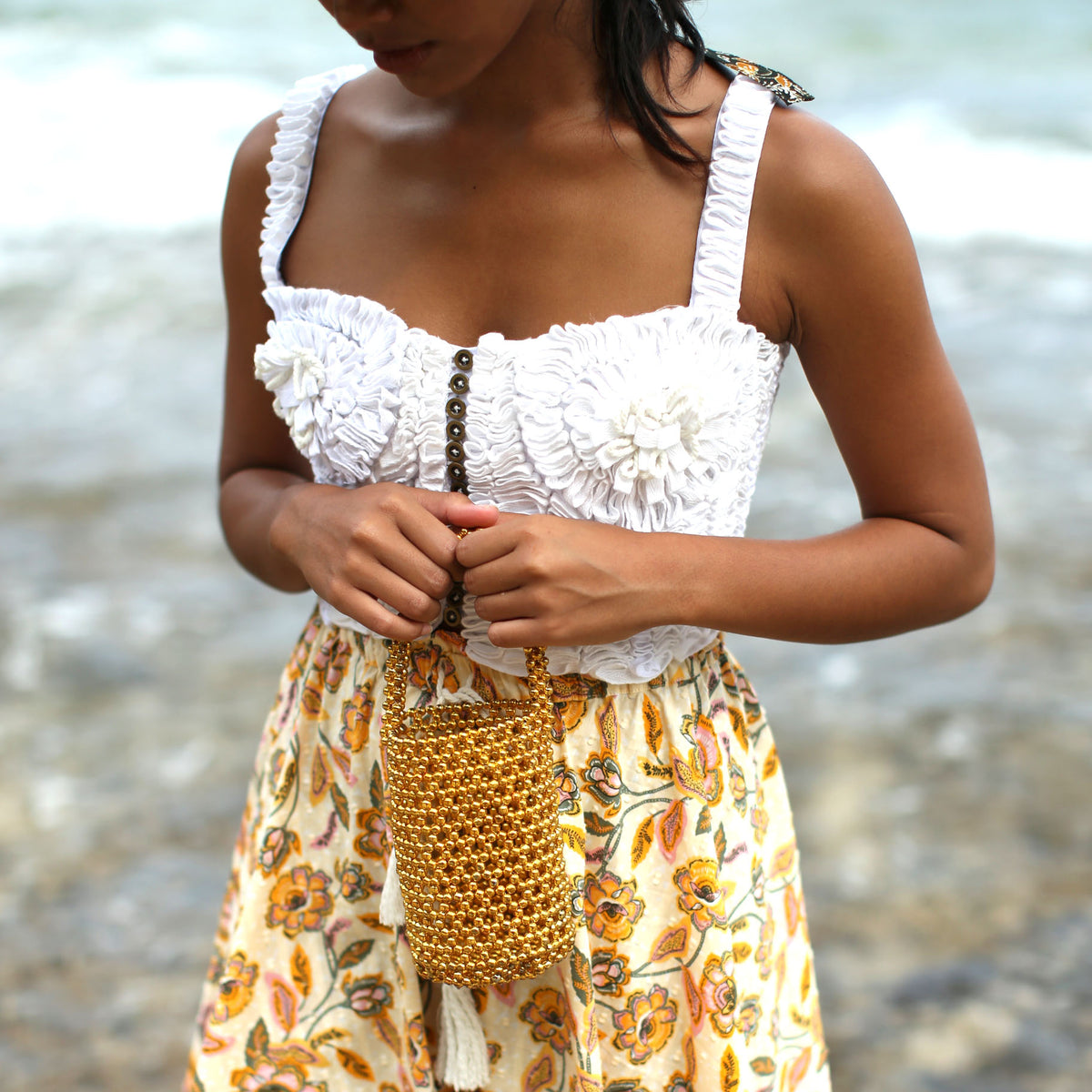 Gold Metallic Hand-Beaded Bucket Beach and Vacation Bag for A Perfect Pool and Summer Party