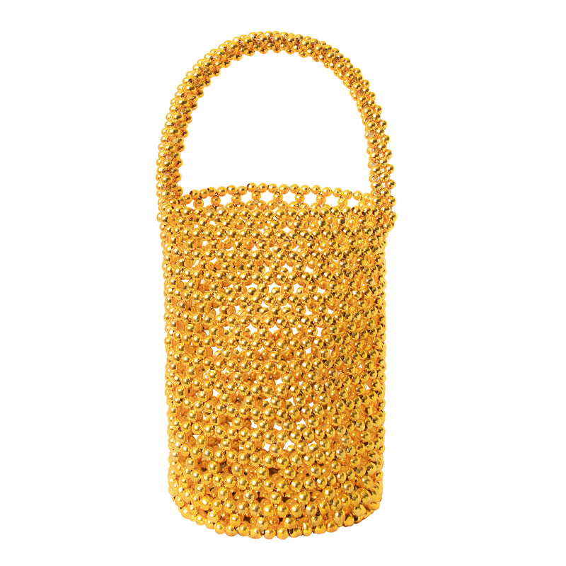 Gold Metallic Hand-Beaded Bucket Beach and Vacation Bag for A Perfect Pool and Summer Party