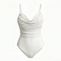 White sustainable one-piece swimsuit with draped cowl neck, ruched front, and slim straps by BrunnaCo