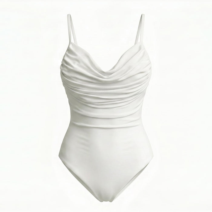 White sustainable one-piece swimsuit with draped cowl neck, ruched front, and slim straps by BrunnaCo