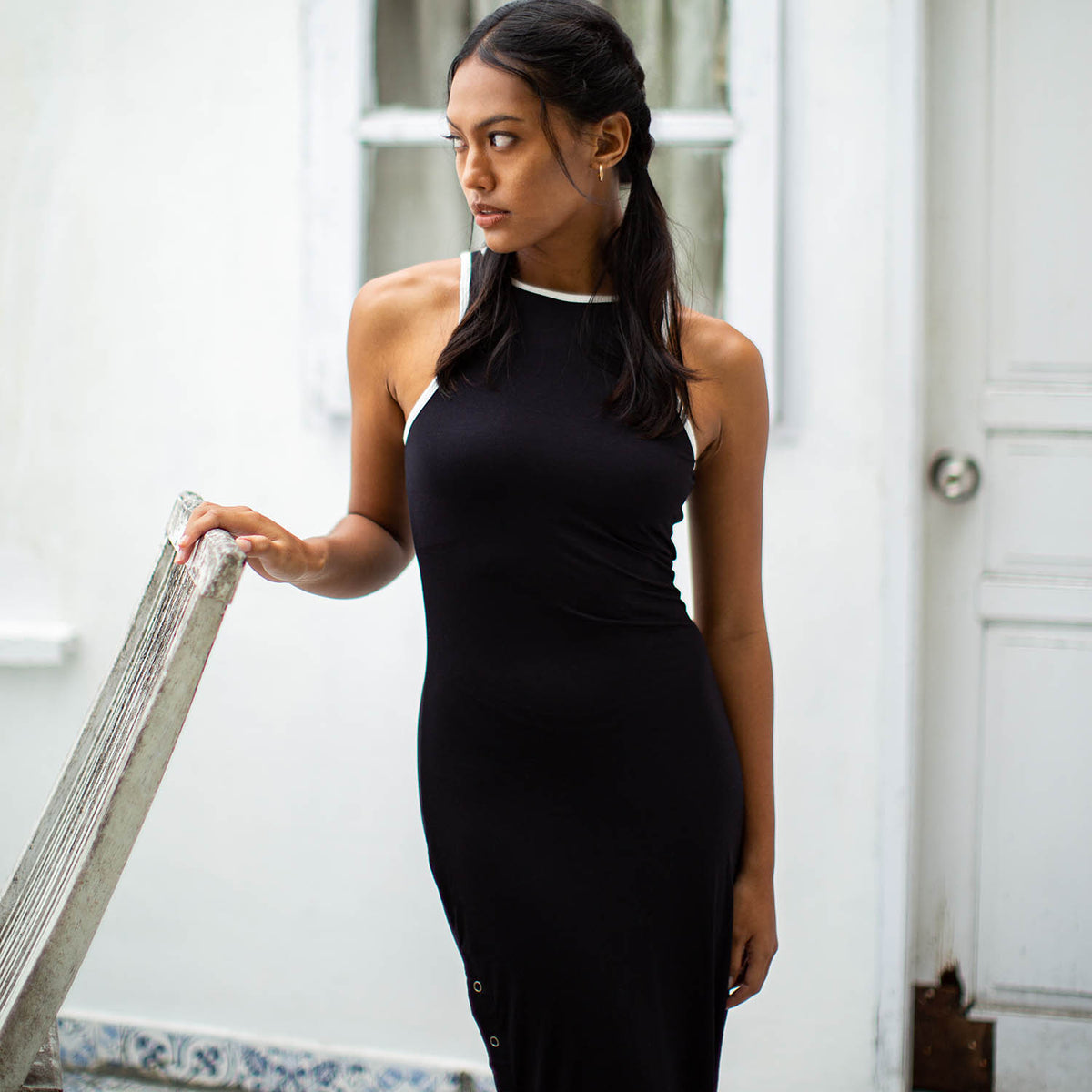 organic cotton formal dress Fei Tie-Front Organic Cotton Dress Dark Maritime / Regular / XS