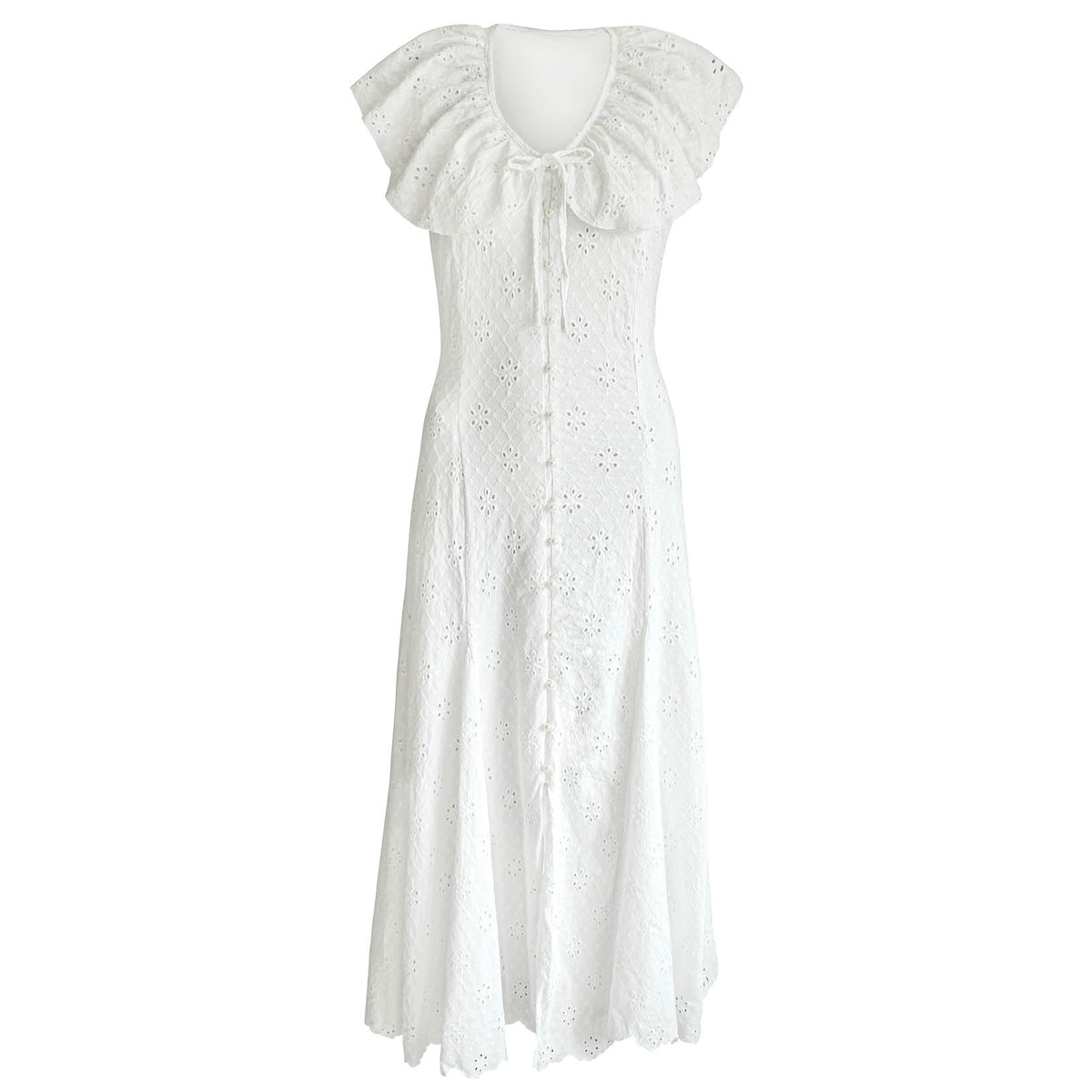 White embroidered vacation dress with ruffled sleeves on a white background