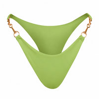 A pistachio green bikini bottom with gold-tone metal hardware and adjustable straps, shown against a plain white background.