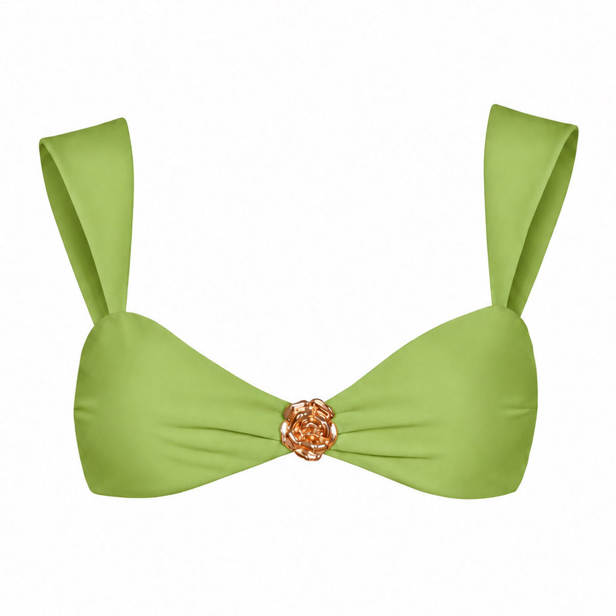 A sustainable pistachio green recycled bikini top with a twisted front detail and a central rose-shaped metallic gold clasp, shown against a plain white background.