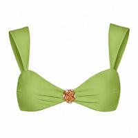 A sustainable pistachio green recycled bikini top with a twisted front detail and a central rose-shaped metallic gold clasp, shown against a plain white background.