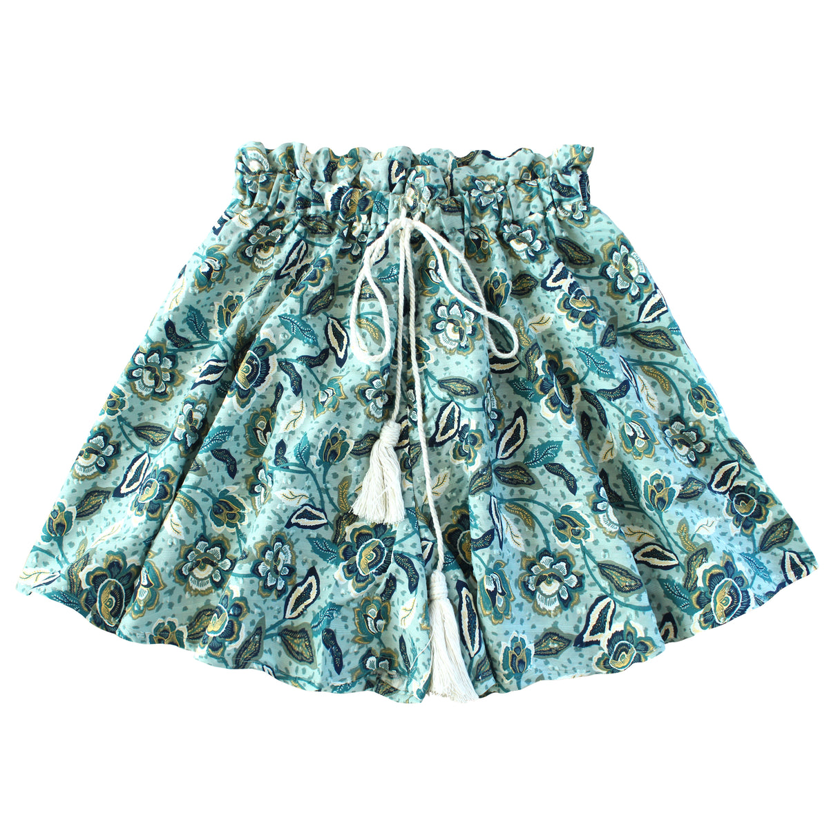 SEKAR Floral Batik Shorts in Sea blue  is made entirely from a relaxed, lightweight cotton fabric fit for every warm-weather destination. With the drawstring waist, wear SEKAR both low and high-rise. As seen on our lookbook, style SEKAR with our MARIGOLD Hand-embroidered Bralette Top and AMORA Frayed Straw Hat.