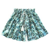 SEKAR Floral Batik Shorts in Sea blue  is made entirely from a relaxed, lightweight cotton fabric fit for every warm-weather destination. With the drawstring waist, wear SEKAR both low and high-rise. As seen on our lookbook, style SEKAR with our MARIGOLD Hand-embroidered Bralette Top and AMORA Frayed Straw Hat.