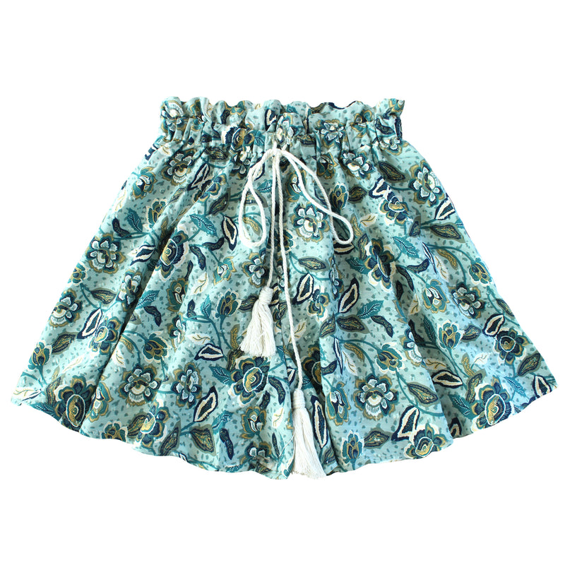 SEKAR Floral Batik Shorts in Sea blue  is made entirely from a relaxed, lightweight cotton fabric fit for every warm-weather destination. With the drawstring waist, wear SEKAR both low and high-rise. As seen on our lookbook, style SEKAR with our MARIGOLD Hand-embroidered Bralette Top and AMORA Frayed Straw Hat.