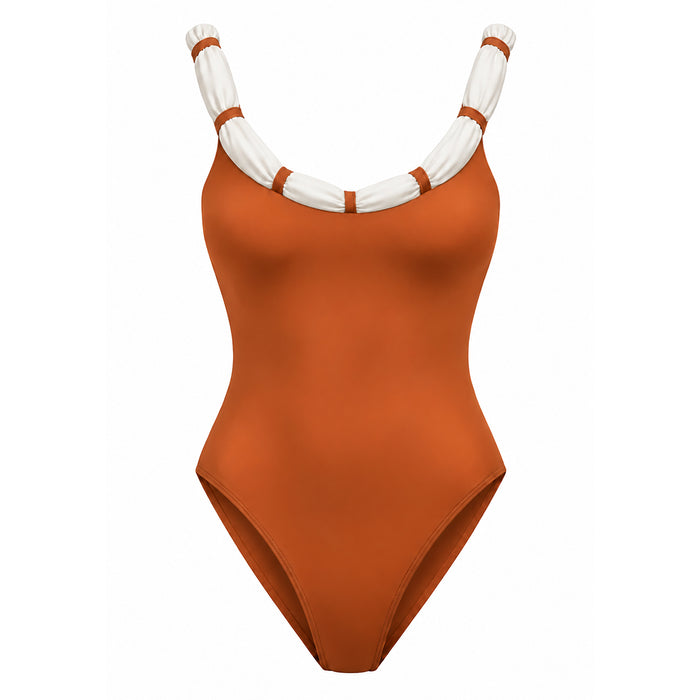 Shanti Recycled One-Piece Swimsuit with Knotted Neckline in Siena Brown