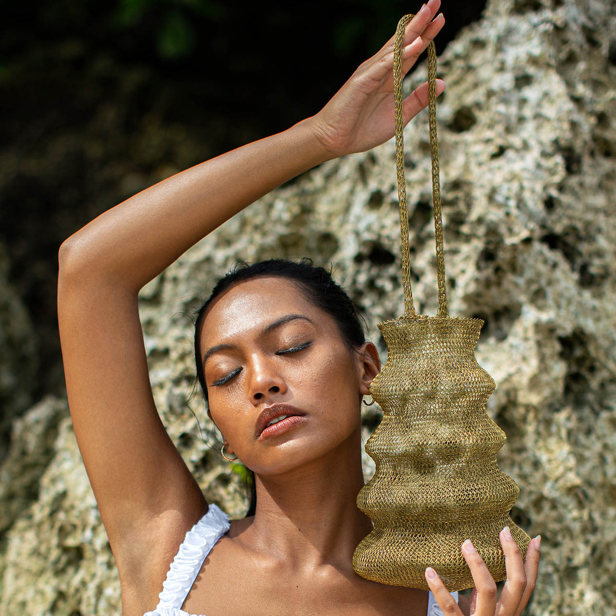 Artisanal Gold Wire Shell Bag Handmade By Artisans In Bali, Wire Artist, Beach Mesh Bag, Net Bag, Gold Tote Bag With Shoulder Strap