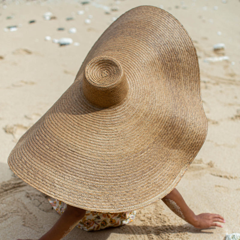 SOLANA Oversized Wide-brim Straw Beach, Pool and Vacation Hat In Toasted Beige Styled With Lime Green Srikandi Ruffled Dress