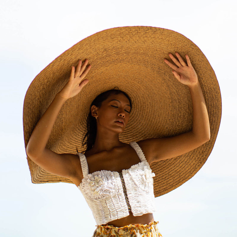 SOLANA Oversized Wide-brim Straw Beach, Pool and Vacation Hat In Toasted Beige Styled With Lime Green Srikandi Ruffled Dress