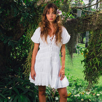 Inka Williams is wearing BrunnaCo's White Lotus Srikandi Resort Dress in a beautiful lush green desa home in Bali