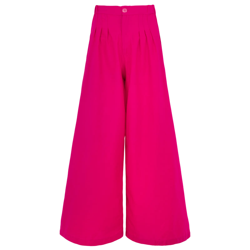 Taylor pants in hot barbie pink are a classic piece, made for a perfect day under the warm sun. Made with comfy and light-weight cotton fabric, these pleated pants have a high rise and slim fit along the waist with a wide-leg silhouette. Wear yours with BrunnaCo’s rope bralette or a cropped top.