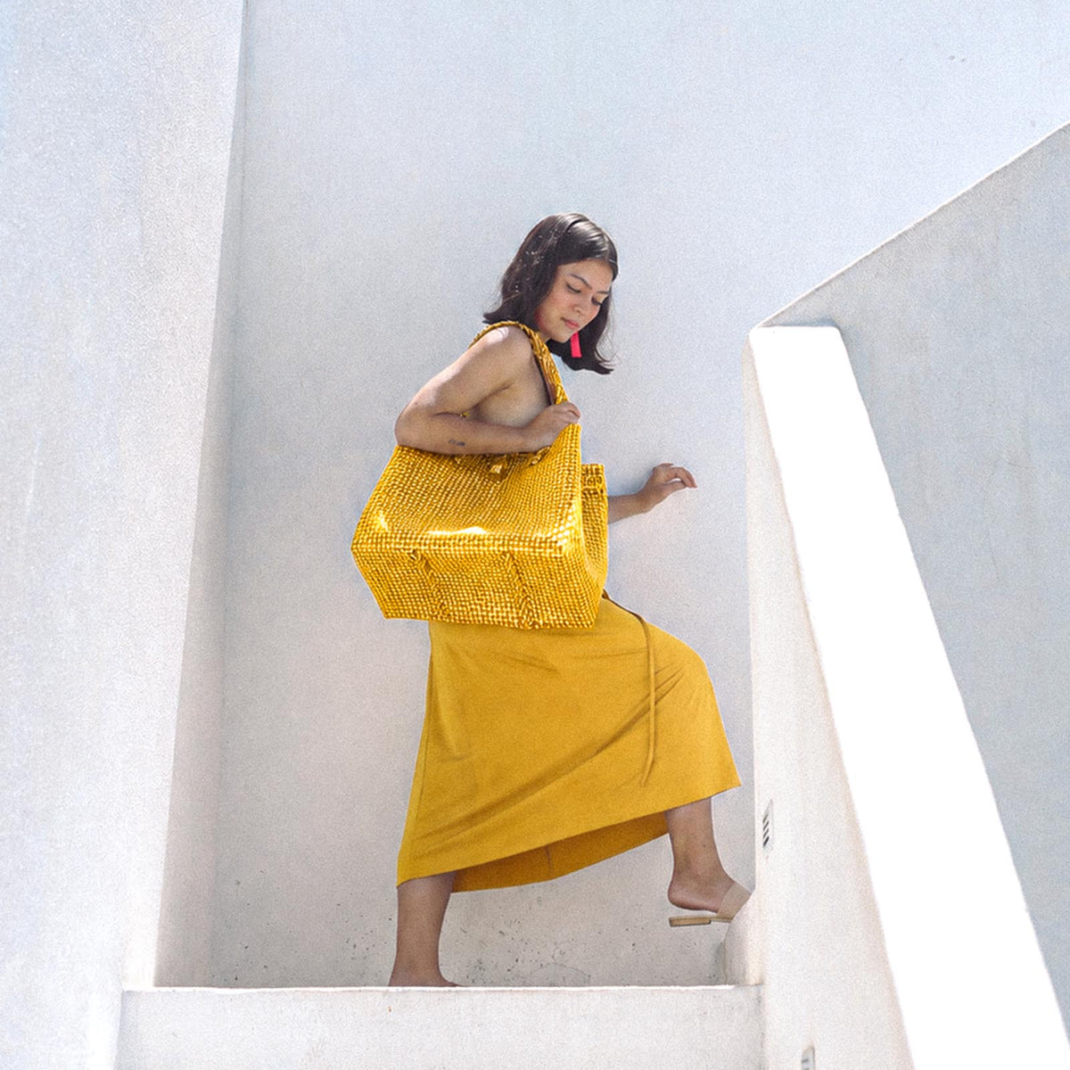 Toko Recycled Woven Tote Bag In Lemon Yellow & White