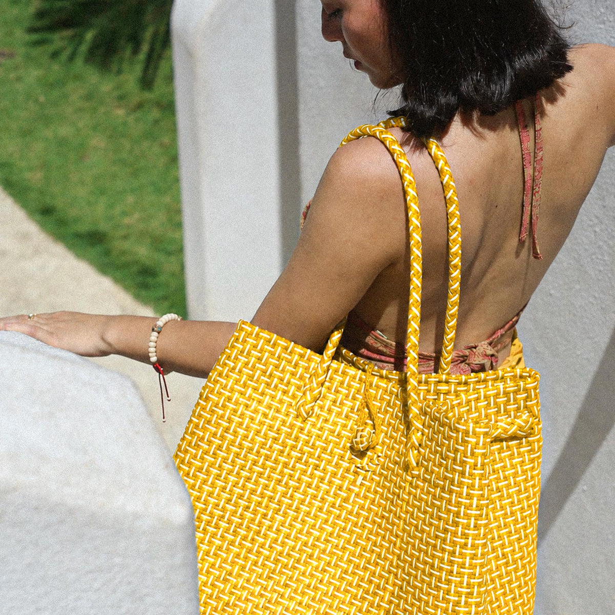 Toko Recycled Woven Tote Bag In Lemon Yellow & White