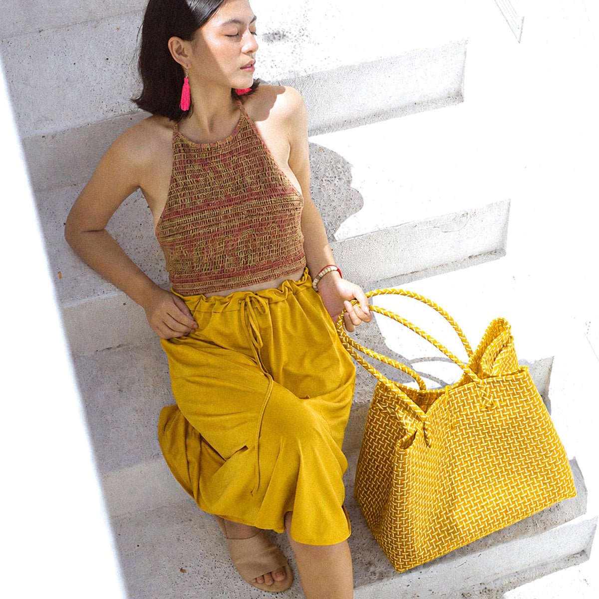 Toko Recycled Woven Tote Bag In Lemon Yellow & White