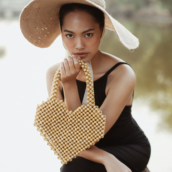 Hati Heart Beaded Wooden Bag in Nude Beige