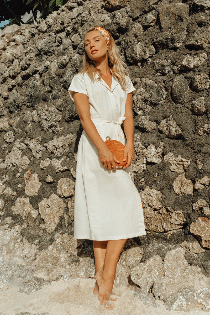 ARYA Safari Linen Midi Dress In Off White BrunnaCo ARYA Safari Linen Midi Dress In Off White BrunnaCo