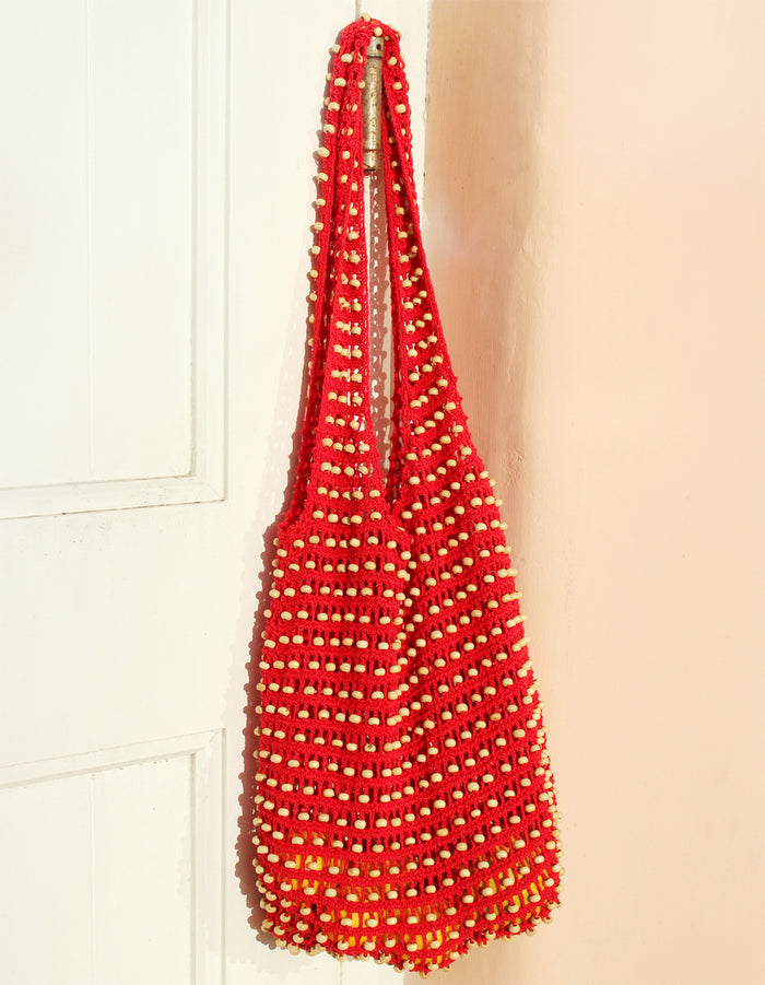 Kama Wooden Crochet Beads Bag in Red