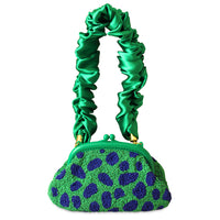 Arnoldi Jade Beaded Clutch in polka dot green with ruffle satin handle, holiday gifts