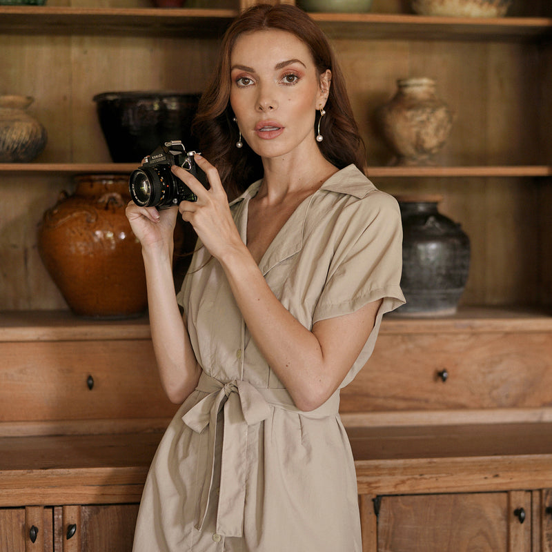 safari linen dress The Safari Linen Wrap Dress Oatmeal Beige