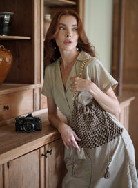 Lyon Macrame Crochet Beach Tote Bag in Toasted Beige, Holiday Gift Edit