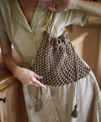 Lyon Macrame Crochet Beach Tote Bag in Toasted Beige, Holiday Gift Edit