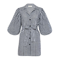 BrunnaCo Meghan Mini Gingham Dress in Black - A stylish and versatile dress made from 100% cotton. This dress features a sweet silhouette with voluminous medium-length puff sleeves, a chic short skirt with bow-detailing, and a removable waist belt. The Meghan Mini Gingham Dress is perfect for any occasion, from a casual picnic to a formal event.